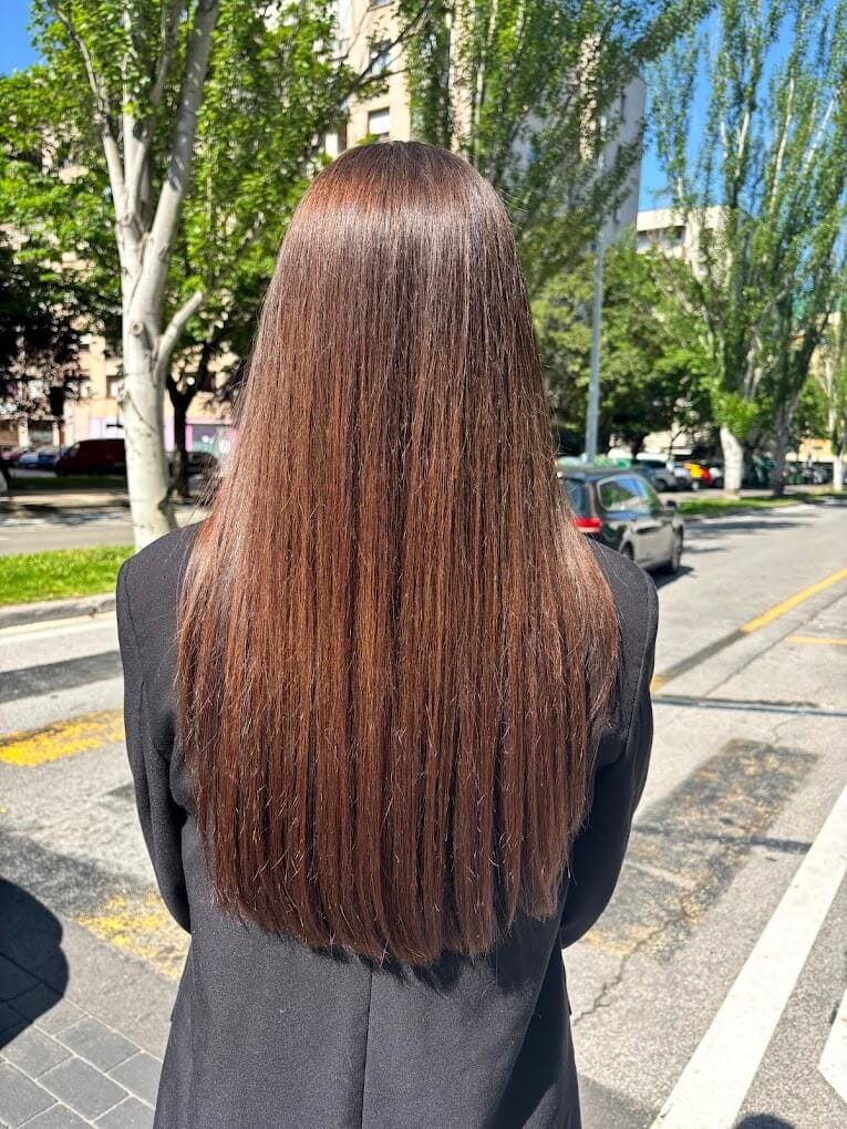 Melena castaña larga, lisa y brillante con reflejos rojizos, vista de espaldas en una calle soleada