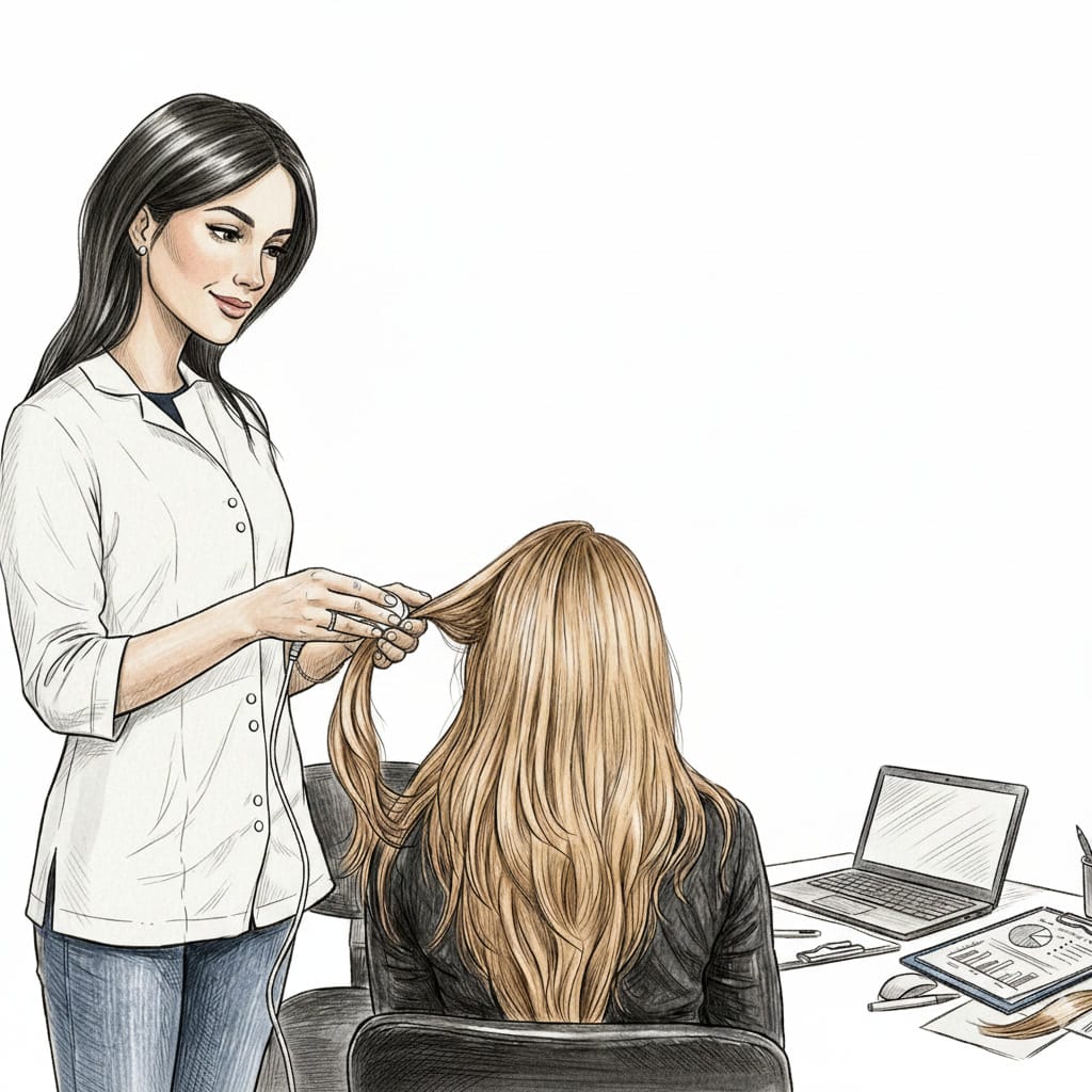 Ilustración de una peluquera con bata blanca sujetando un mechón de la melena rubia de su clienta para valorar el corte