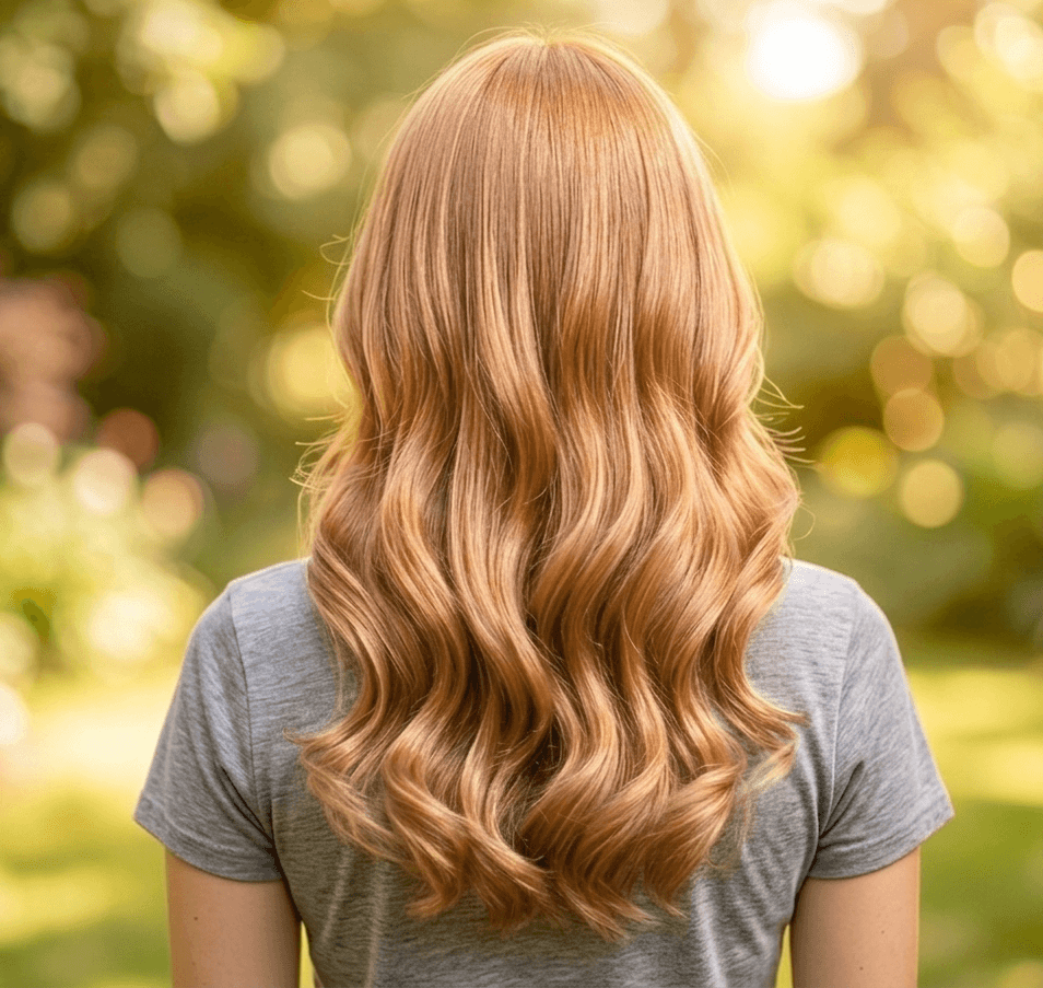Melena larga de ondas en un cobrizo dorado uniforme, vista de espaldas al sol en un jardín